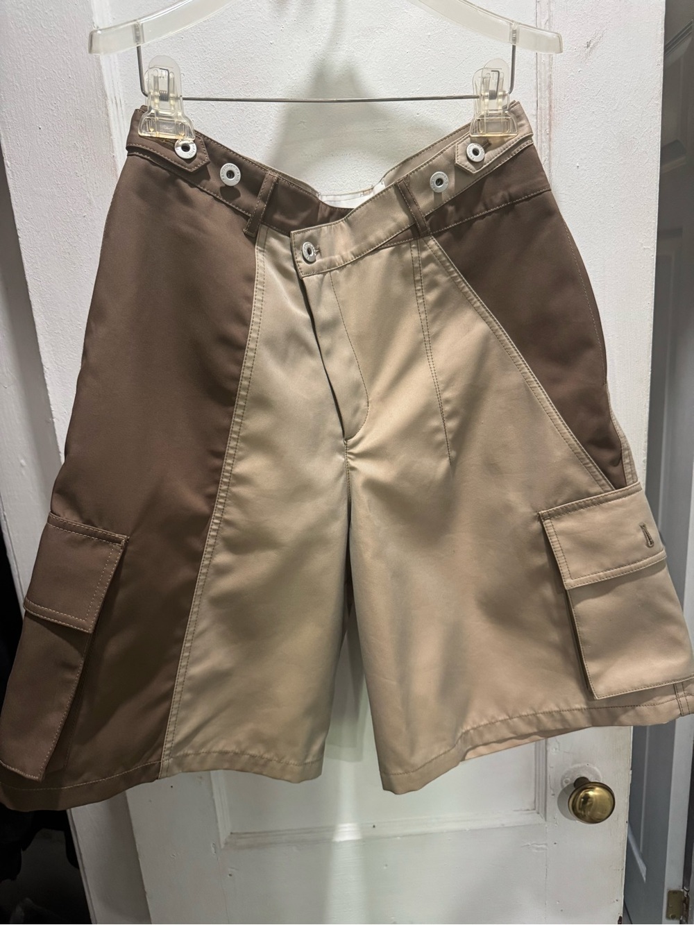 Feng Chen Wang Asymmetrical Patchwork Cargo Shorts “Khaki/Brown” Size Medium